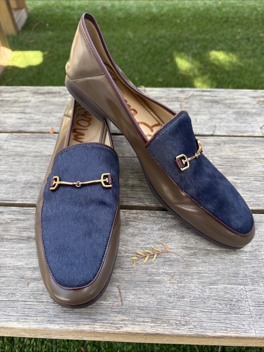 Sam Edelman Navy and Brown Leather Haircalf Bit Loafers